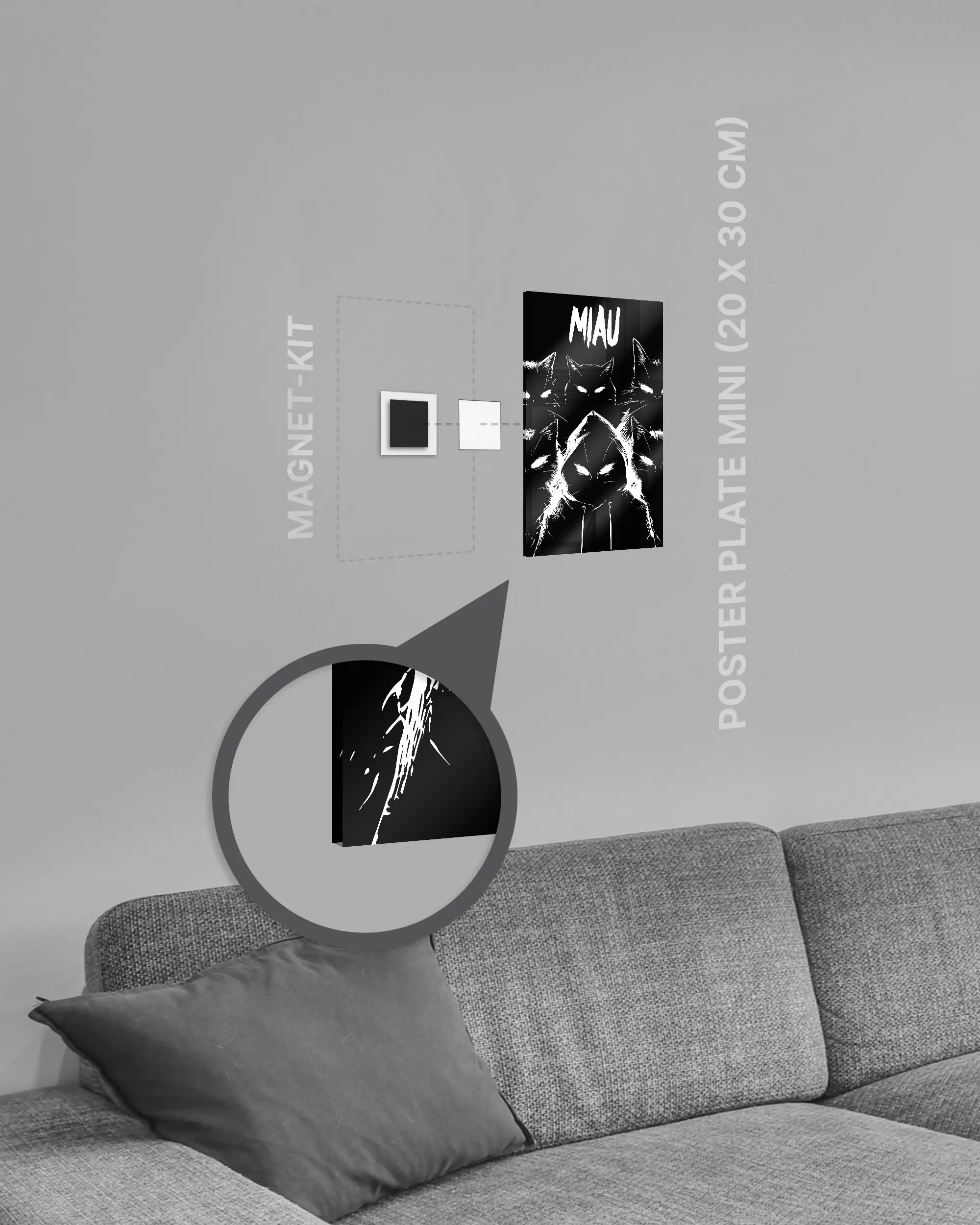 Magnet-Kit Seitenansicht des Poster Plate Designs Miau Gang im Acrylic Style in der Größe Mini (20 x 30 cm)