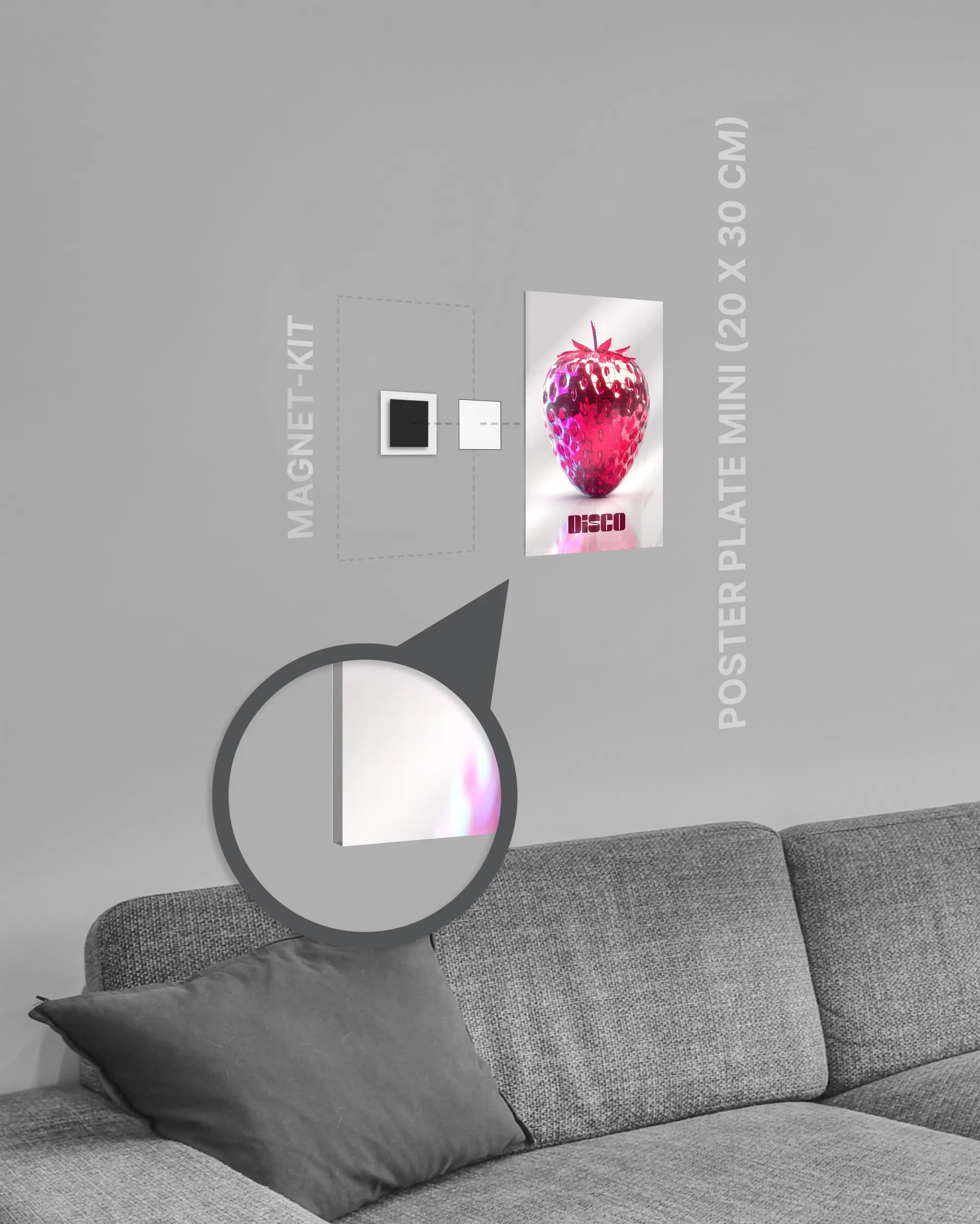 Magnet-Kit Seitenansicht des Poster Plate Designs Discoberry im Acrylic Style in der Größe Mini (20 x 30 cm)