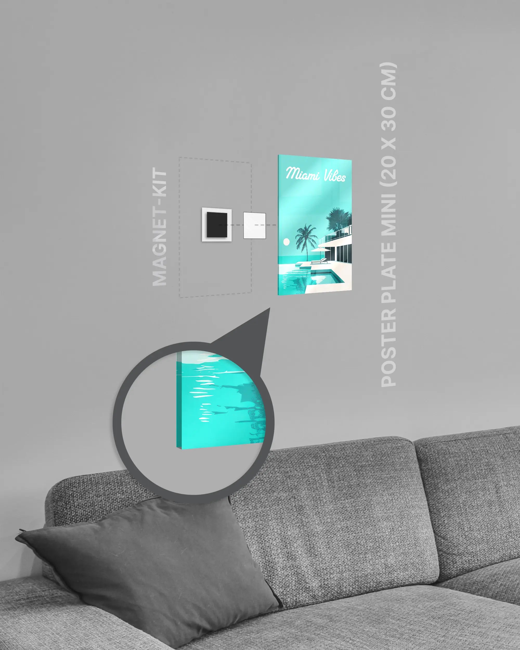 Magnet-Kit Seitenansicht des Poster Plate Designs Miami Vibes im Acrylic Style in der Größe Mini (20 x 30 cm)