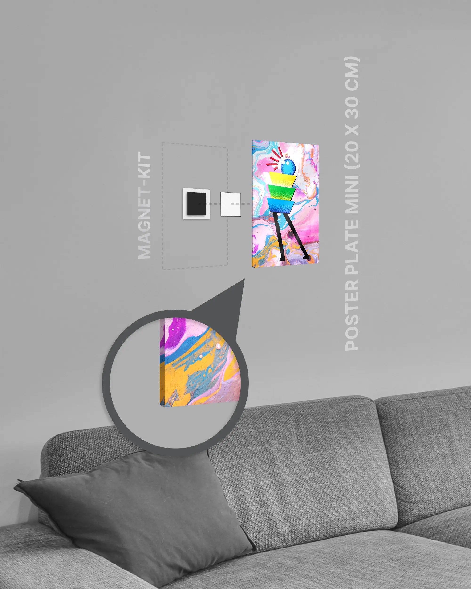 Magnet-Kit Seitenansicht des Poster Plate Designs Ein Kunstwerk im Acrylic Style in der Größe Mini (20 x 30 cm)