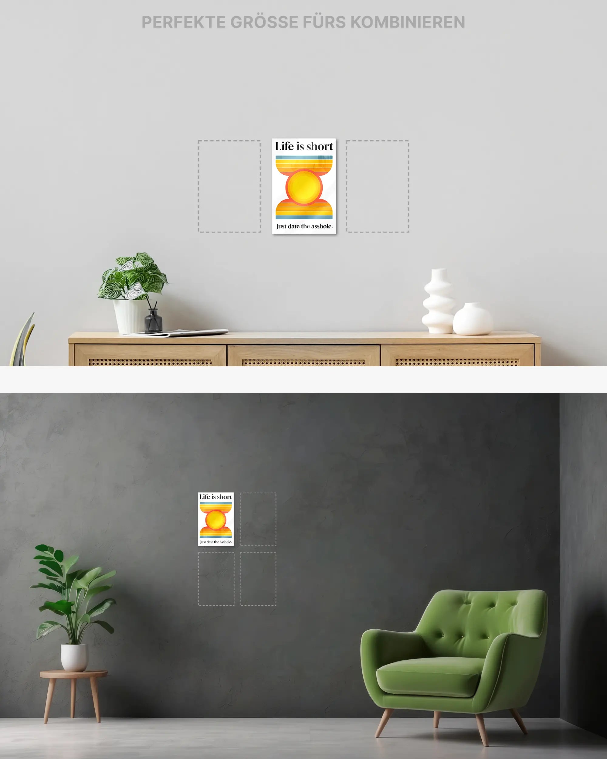 Wandansicht des Poster Plate Designs Life is short im Acrylic Style in der Größe Mini (20 x 30 cm)