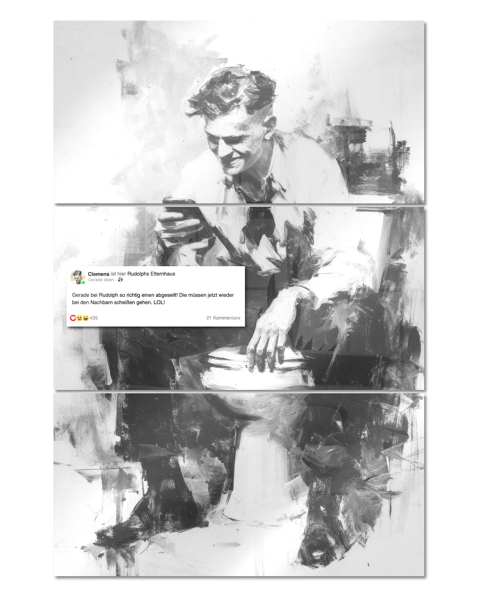 Frontalansicht des Poster Plate Designs Clemens kackt im Acrylic Style in der Größe Mighty (60 x 90 cm)