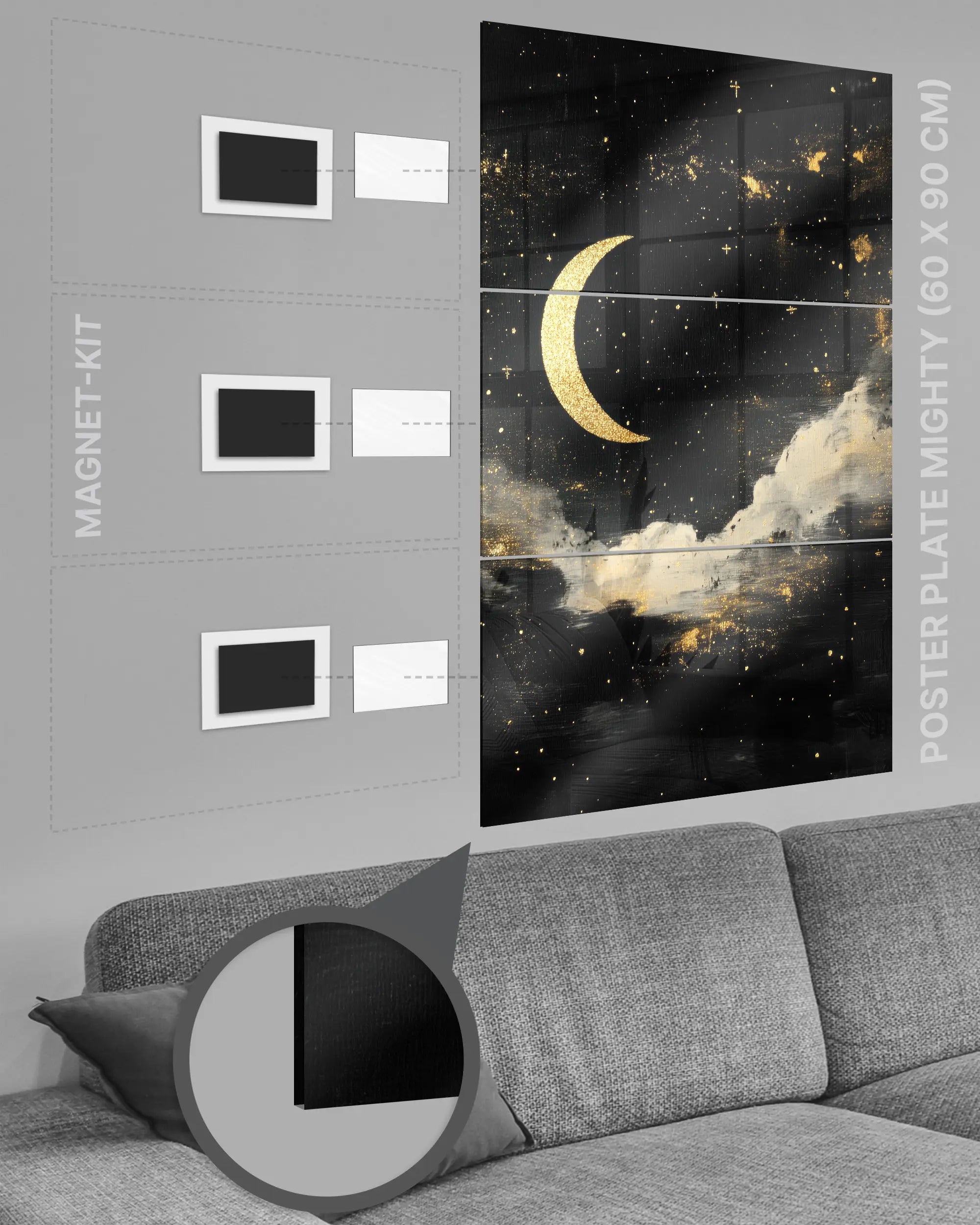 Magnet-Kit Seitenansicht des Poster Plate Designs Goldenes Mondgedicht im Acrylic Style in der Größe Mighty (60 x 90 cm)