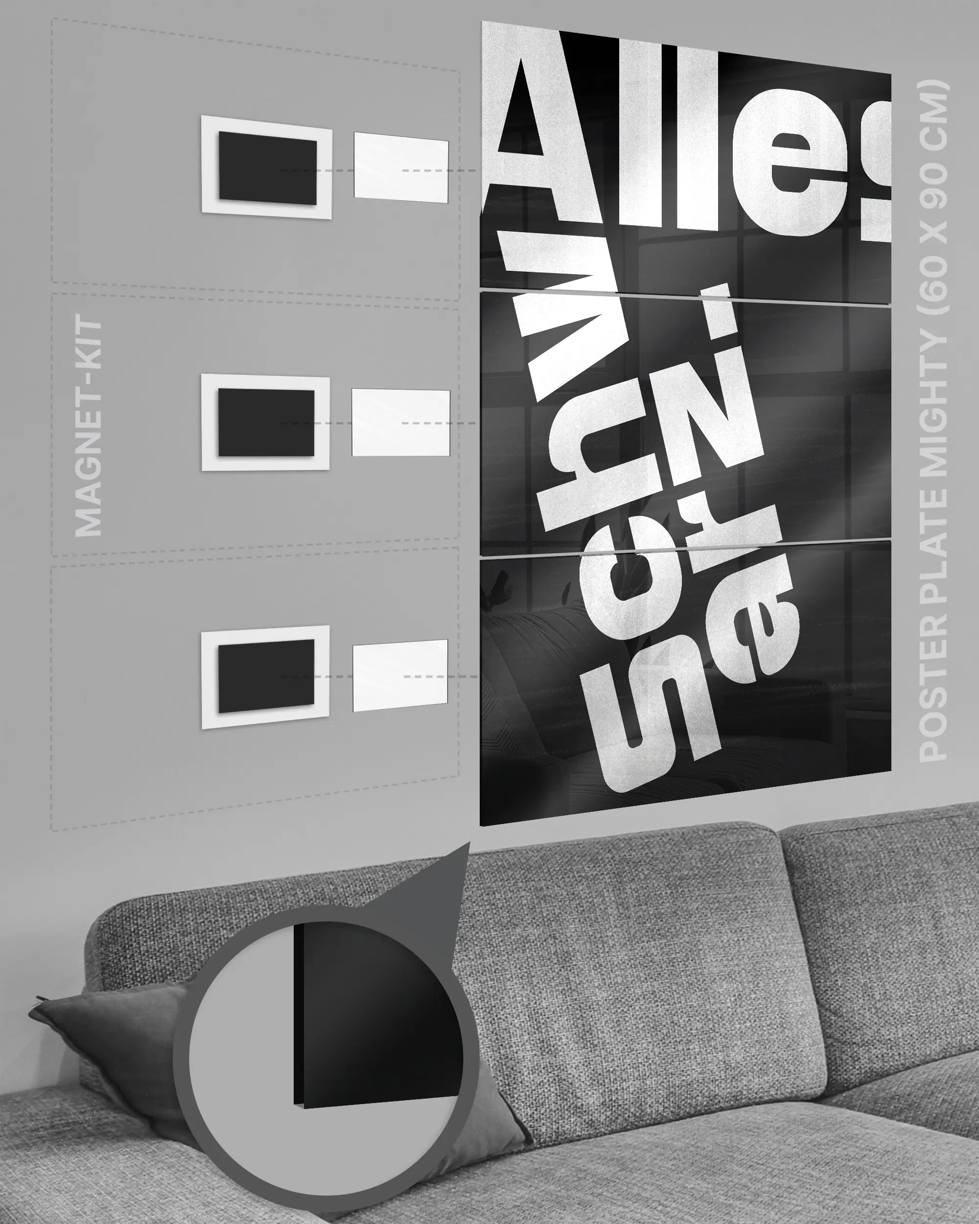 Magnet-Kit Seitenansicht des Poster Plate Designs Alles Schwarz im Acrylic Style in der Größe Mighty (60 x 90 cm)