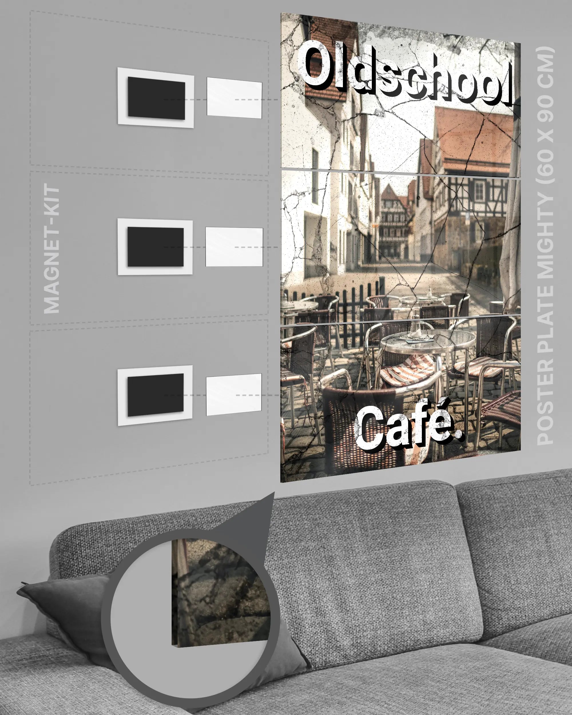 Magnet-Kit Seitenansicht des Poster Plate Designs Oldschool Café im Acrylic Style in der Größe Mighty (60 x 90 cm)
