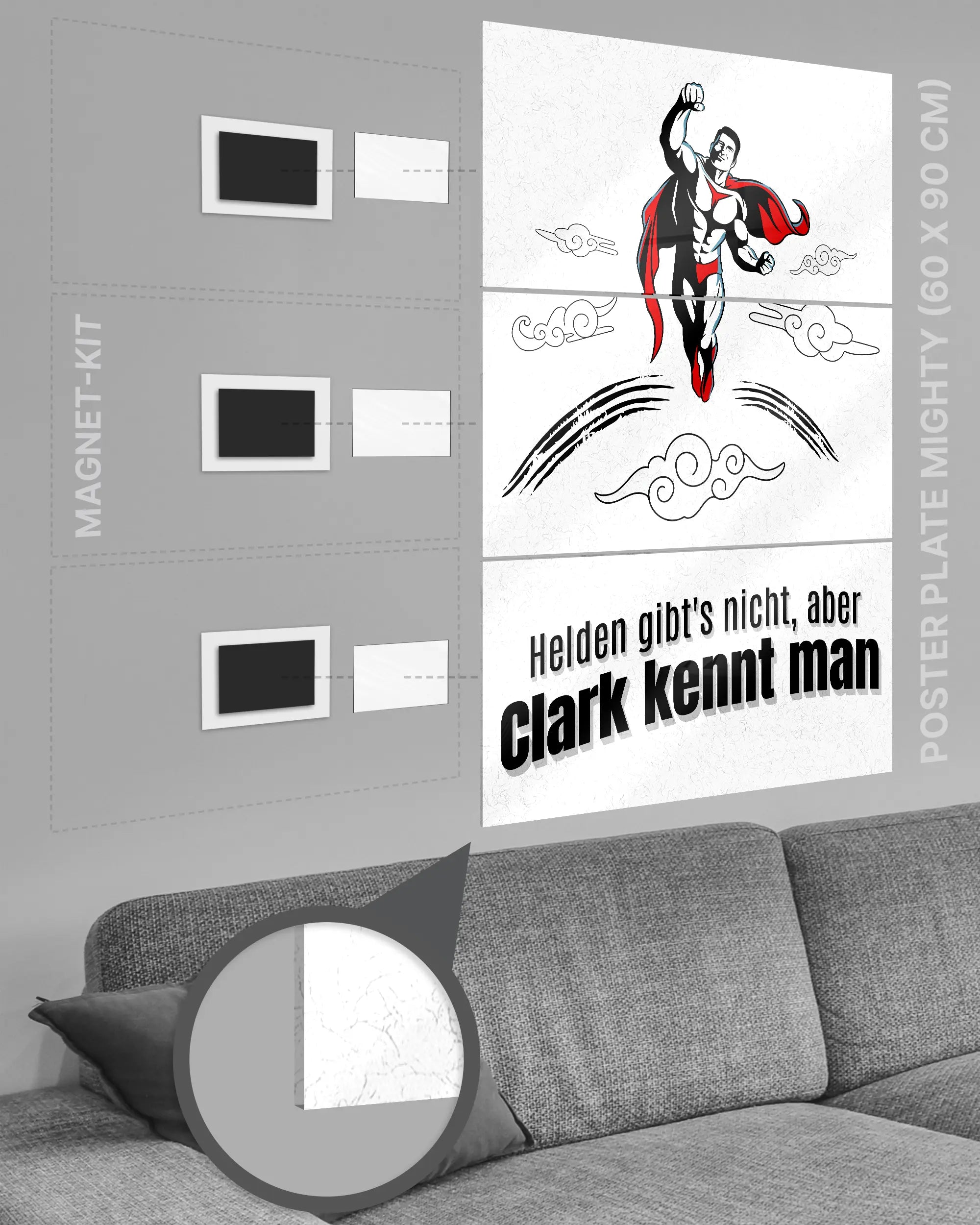 Magnet-Kit Seitenansicht des Poster Plate Designs Clark kennt man im Acrylic Style in der Größe Mighty (60 x 90 cm)