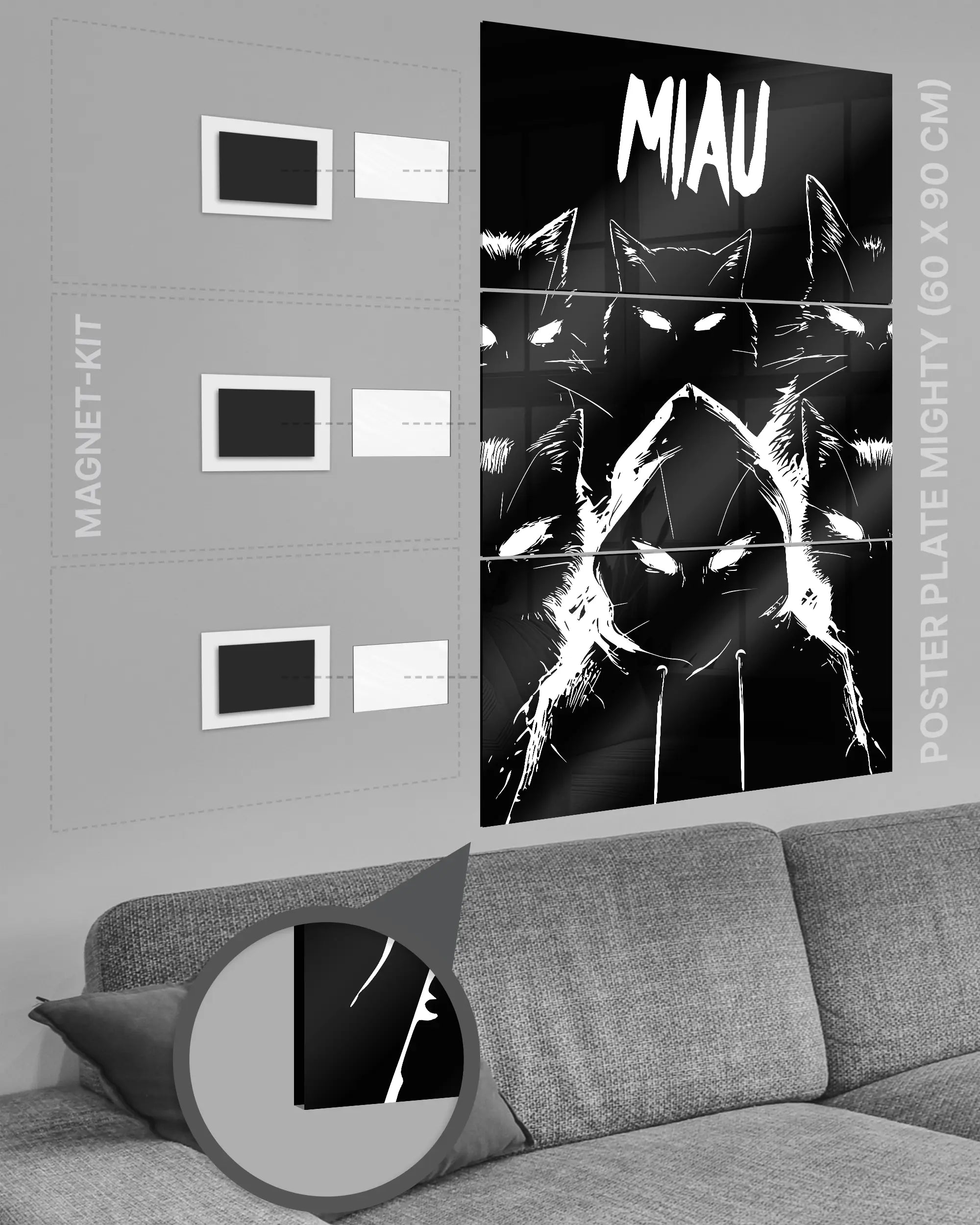 Magnet-Kit Seitenansicht des Poster Plate Designs Miau Gang im Acrylic Style in der Größe Mighty (60 x 90 cm)