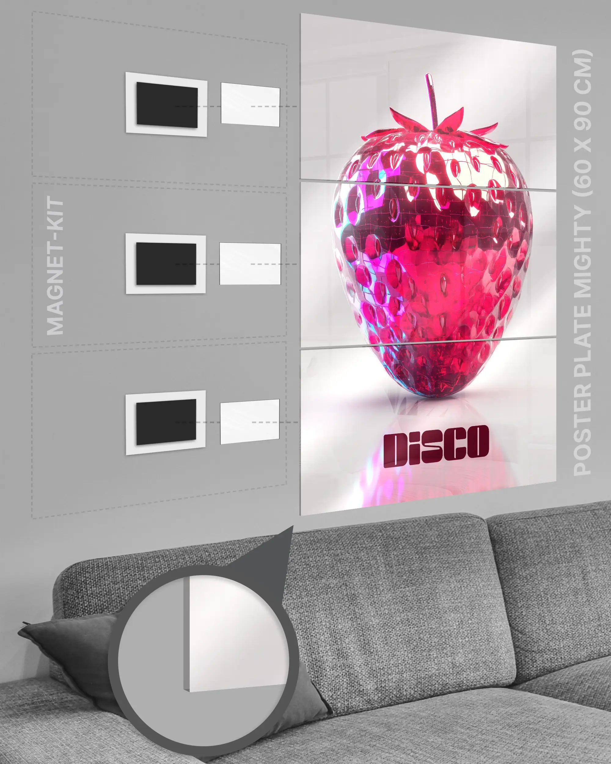 Magnet-Kit Seitenansicht des Poster Plate Designs Discoberry im Acrylic Style in der Größe Mighty (60 x 90 cm)