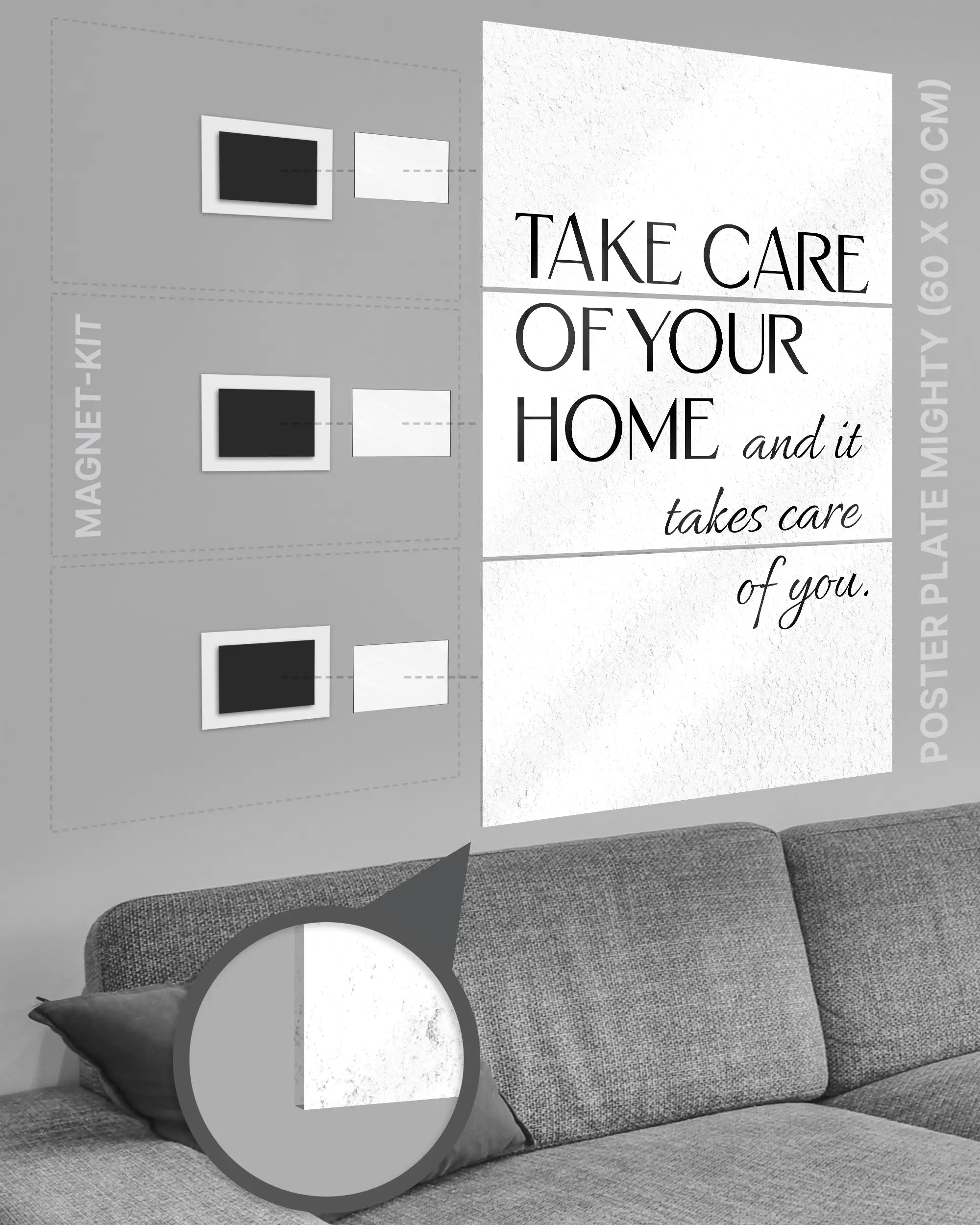 Magnet-Kit Seitenansicht des Poster Plate Designs Take Care im Acrylic Style in der Größe Mighty (60 x 90 cm)