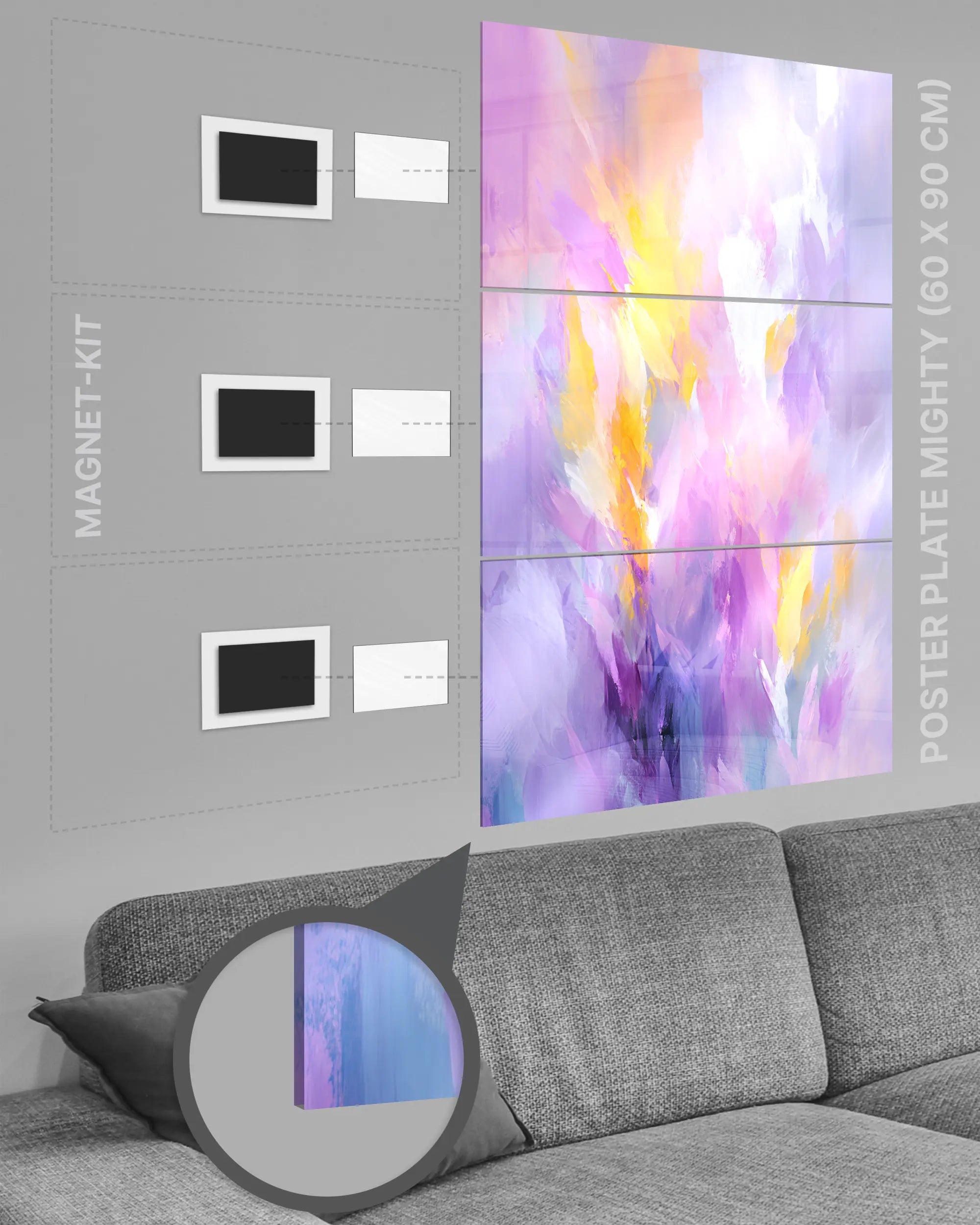 Magnet-Kit Seitenansicht des Poster Plate Designs Lust und Laune im Acrylic Style in der Größe Mighty (60 x 90 cm)