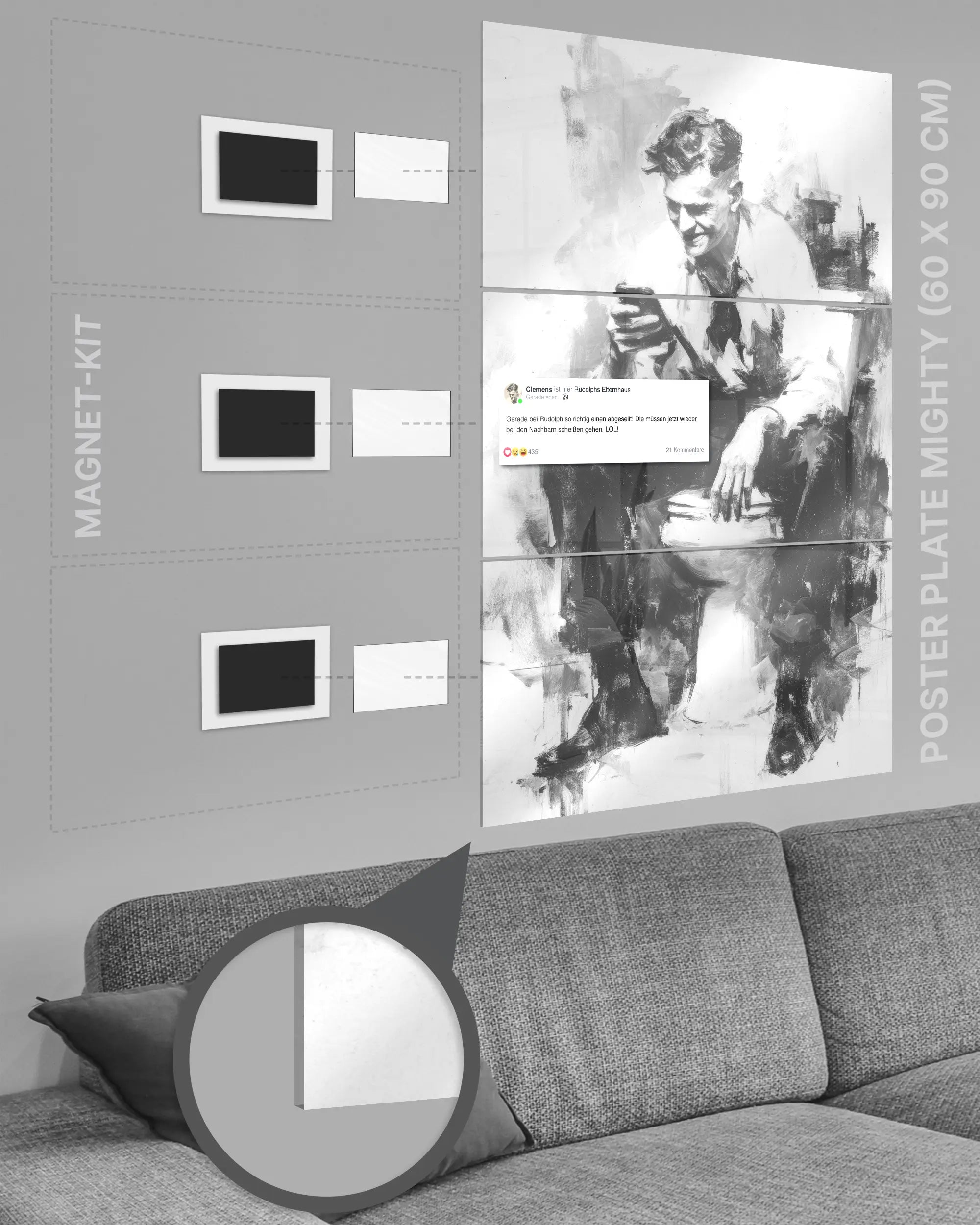 Magnet-Kit Seitenansicht des Poster Plate Designs Clemens kackt im Acrylic Style in der Größe Mighty (60 x 90 cm)