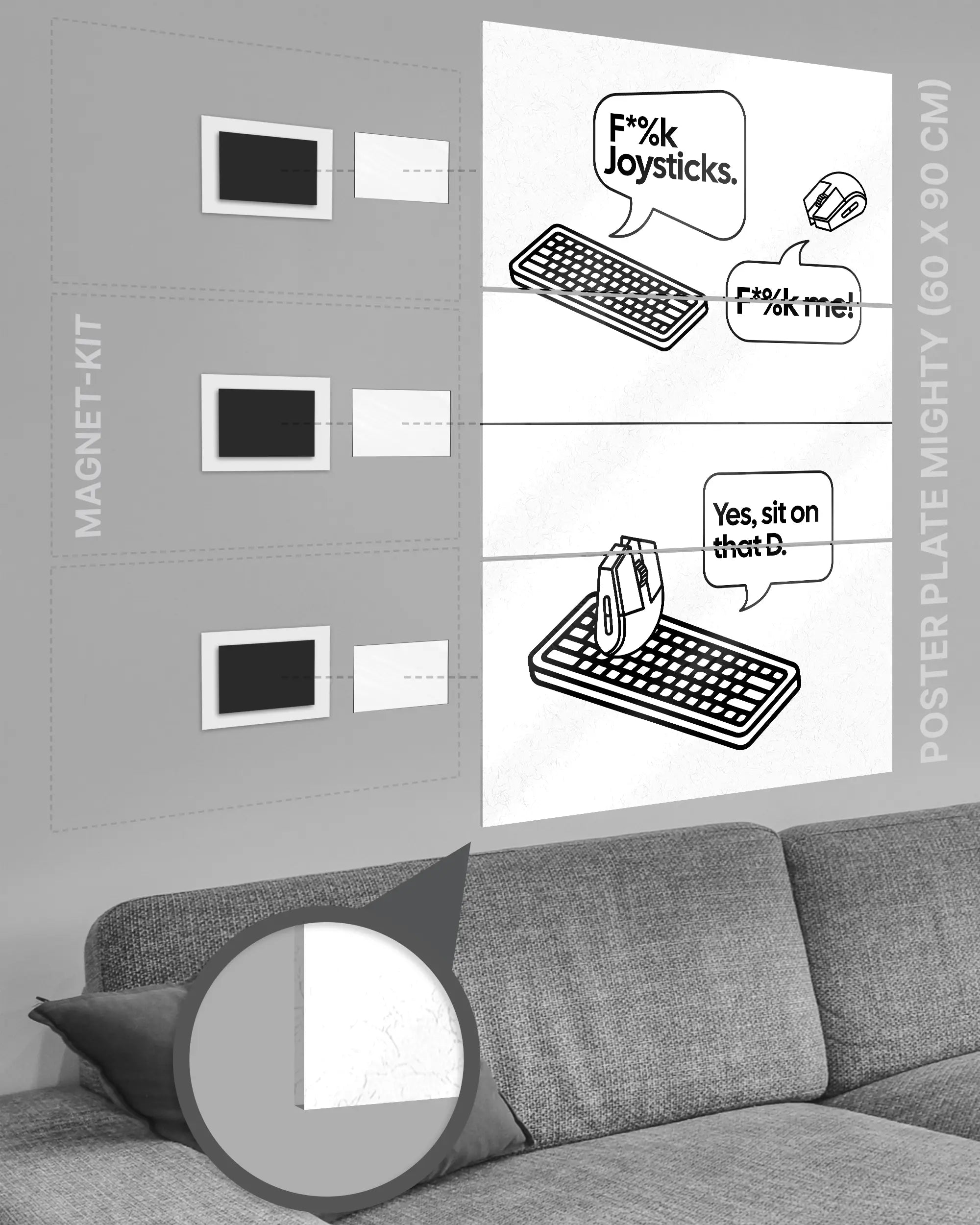Magnet-Kit Seitenansicht des Poster Plate Designs Keystrokes im Acrylic Style in der Größe Mighty (60 x 90 cm)