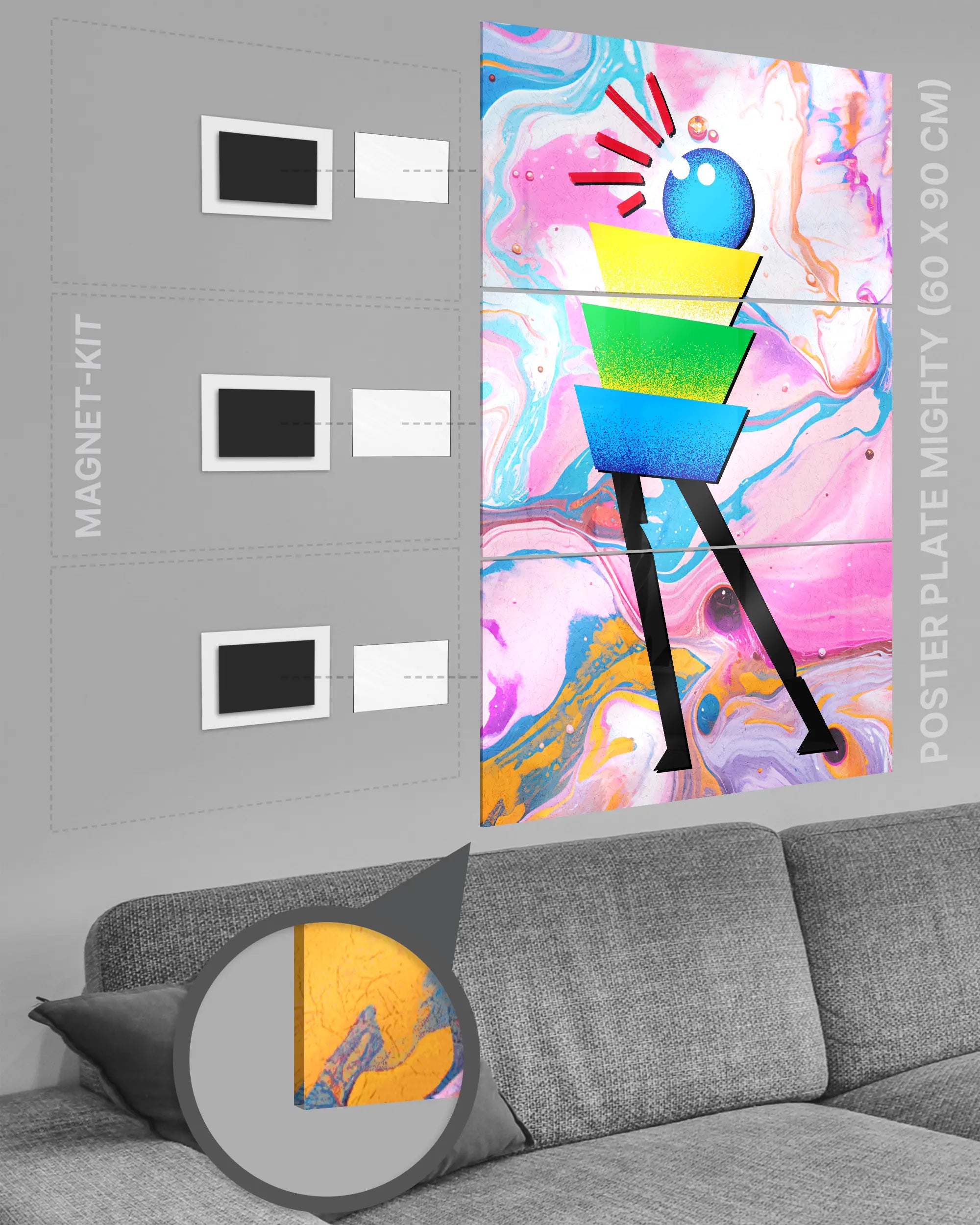 Magnet-Kit Seitenansicht des Poster Plate Designs Ein Kunstwerk im Acrylic Style in der Größe Mighty (60 x 90 cm)