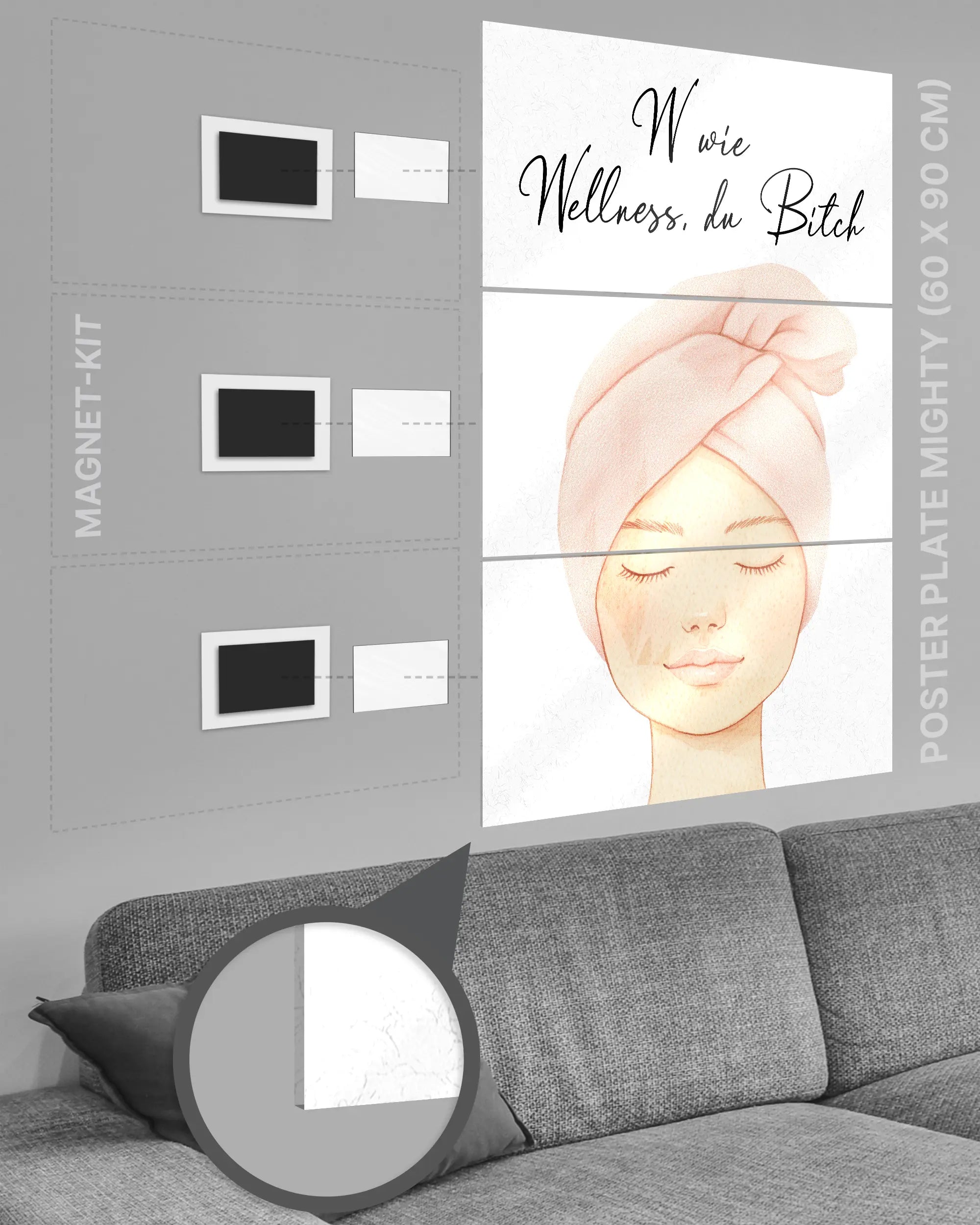 Magnet-Kit Seitenansicht des Poster Plate Designs Wellness Routine im Acrylic Style in der Größe Mighty (60 x 90 cm)