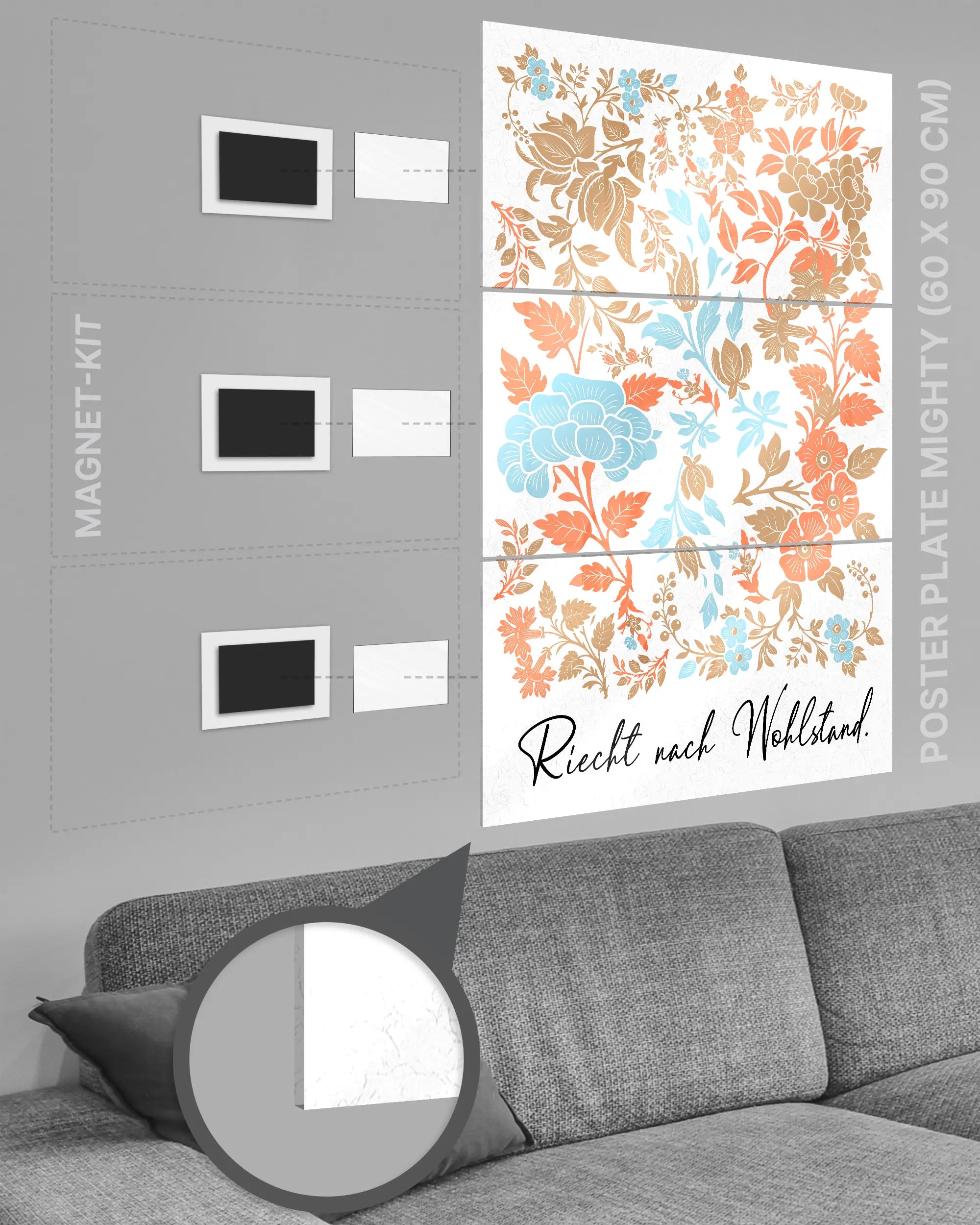 Magnet-Kit Seitenansicht des Poster Plate Designs Wohlstandsduft im Acrylic Style in der Größe Mighty (60 x 90 cm)