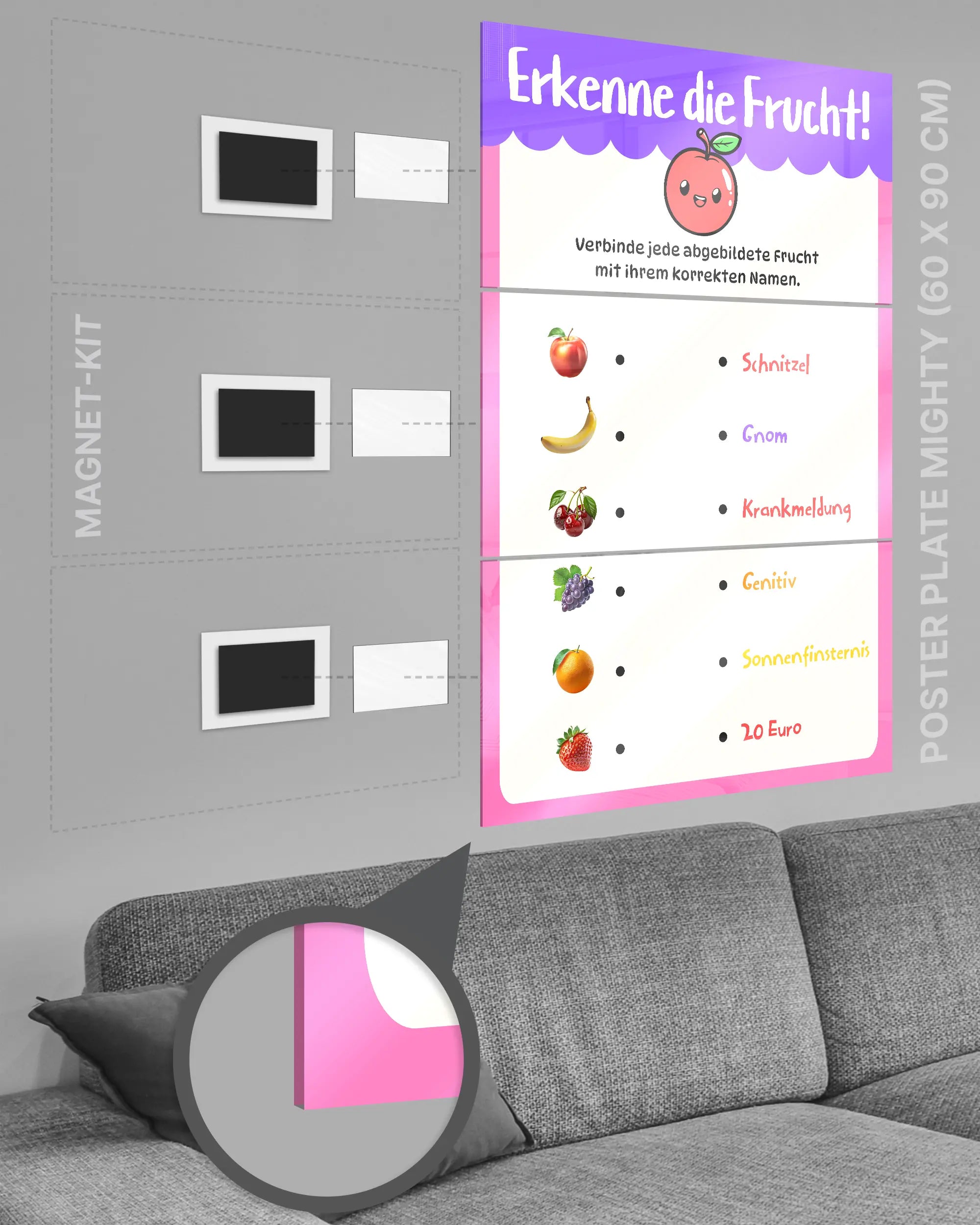 Magnet-Kit Seitenansicht des Poster Plate Designs Fruchtvokabeln im Acrylic Style in der Größe Mighty (60 x 90 cm)