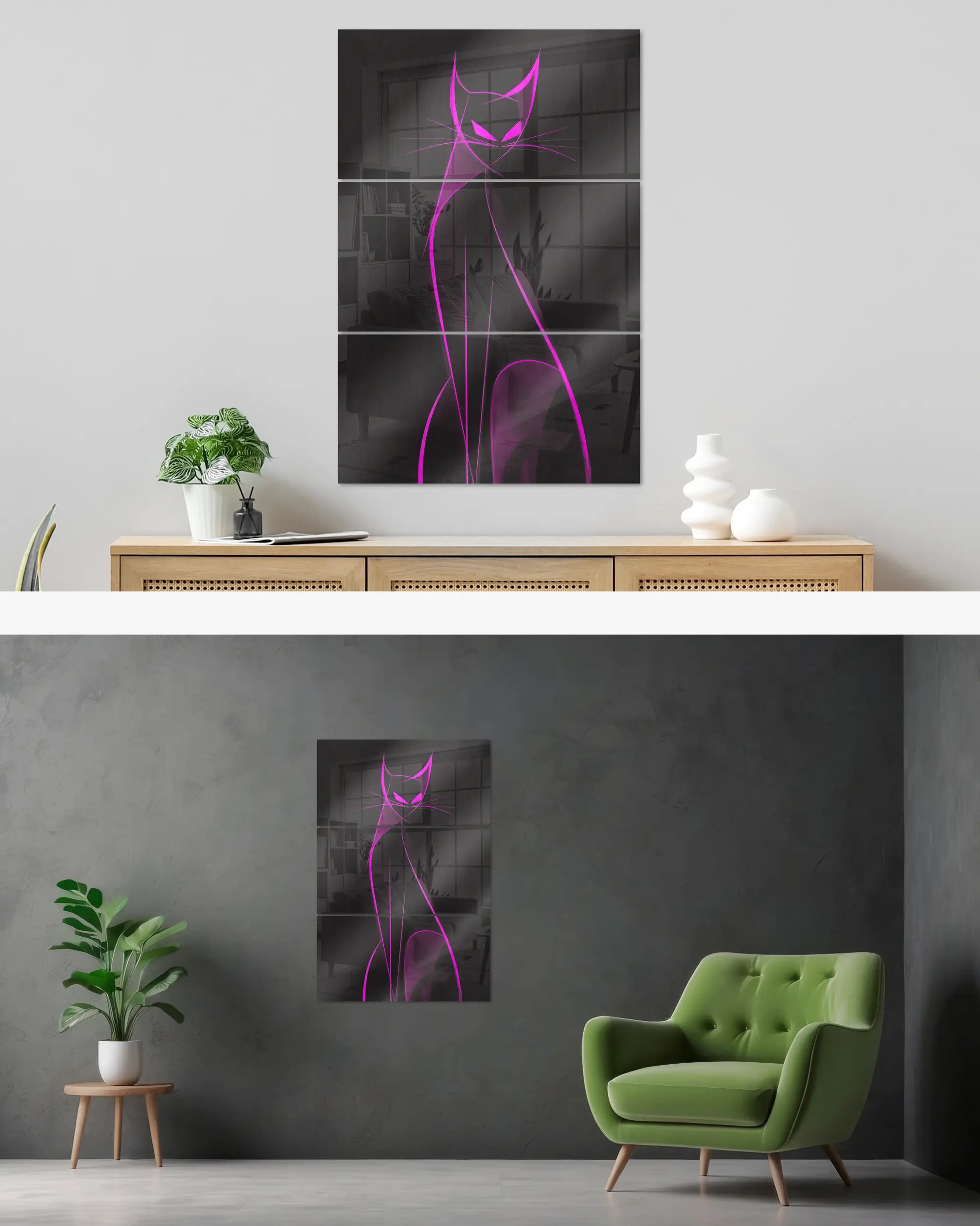 Wandansicht des Poster Plate Designs Katzenkrimi im Acrylic Style in der Größe Mighty (60 x 90 cm)