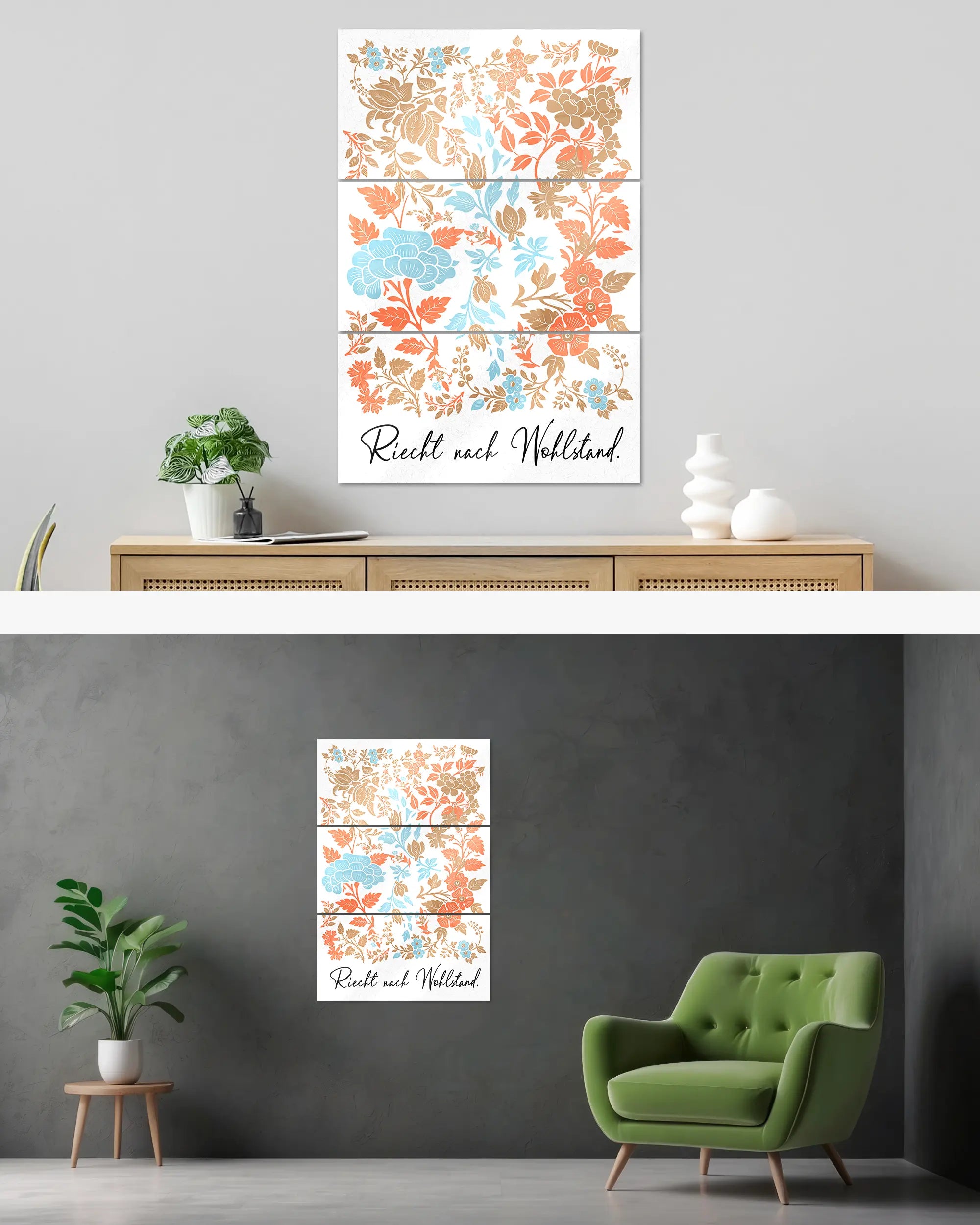 Wandansicht des Poster Plate Designs Wohlstandsduft im Acrylic Style in der Größe Mighty (60 x 90 cm)