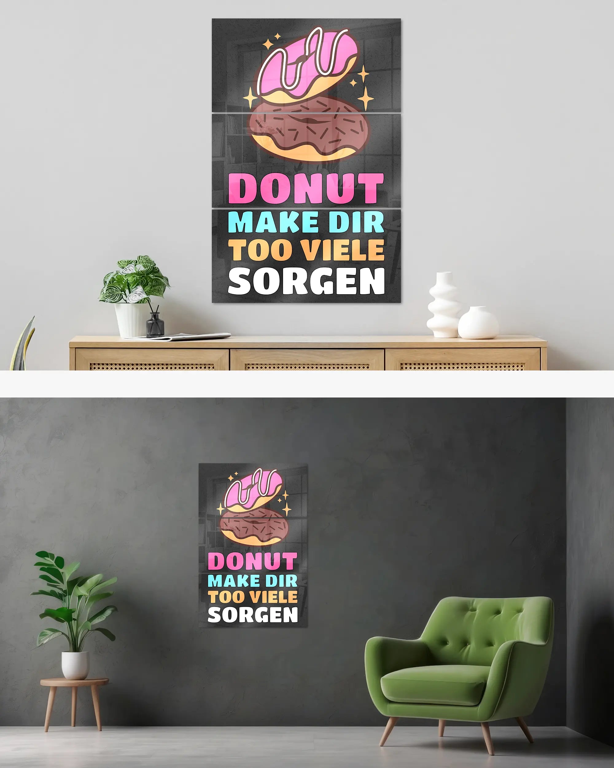 Wandansicht des Poster Plate Designs Donut Worry im Acrylic Style in der Größe Mighty (60 x 90 cm)