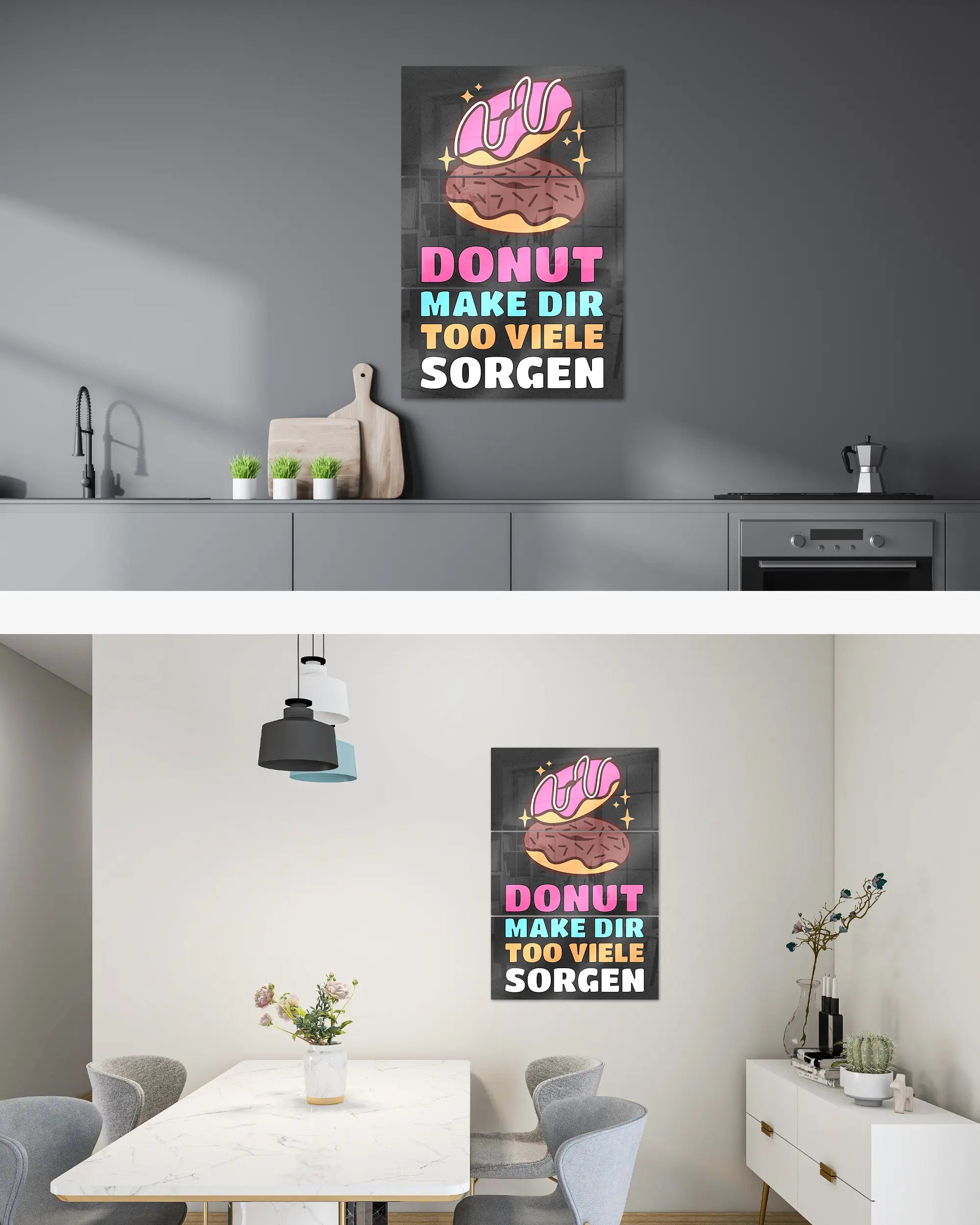 Zimmeransicht des Poster Plate Designs Donut Worry im Acrylic Style in der Größe Mighty (60 x 90 cm)